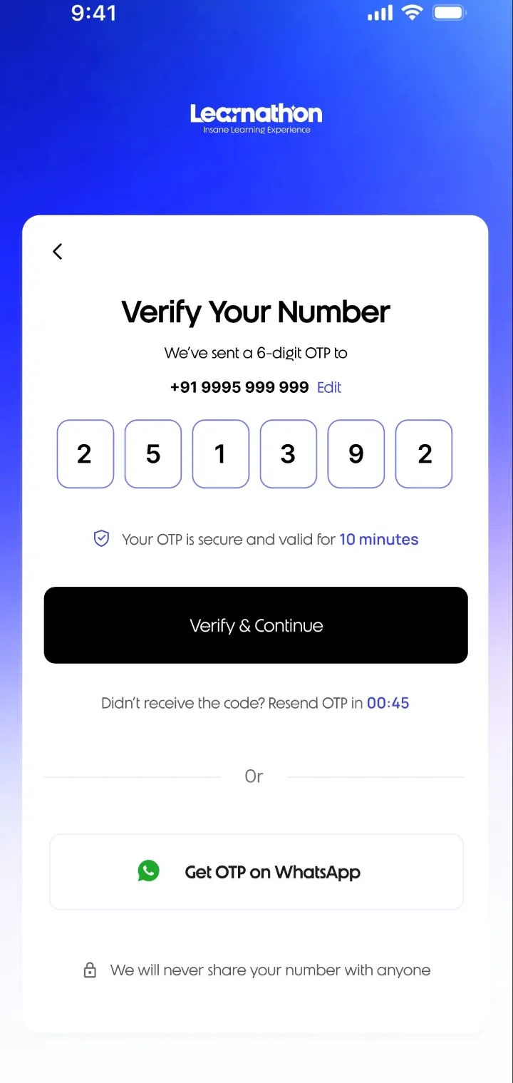 Learnathon app, verify number