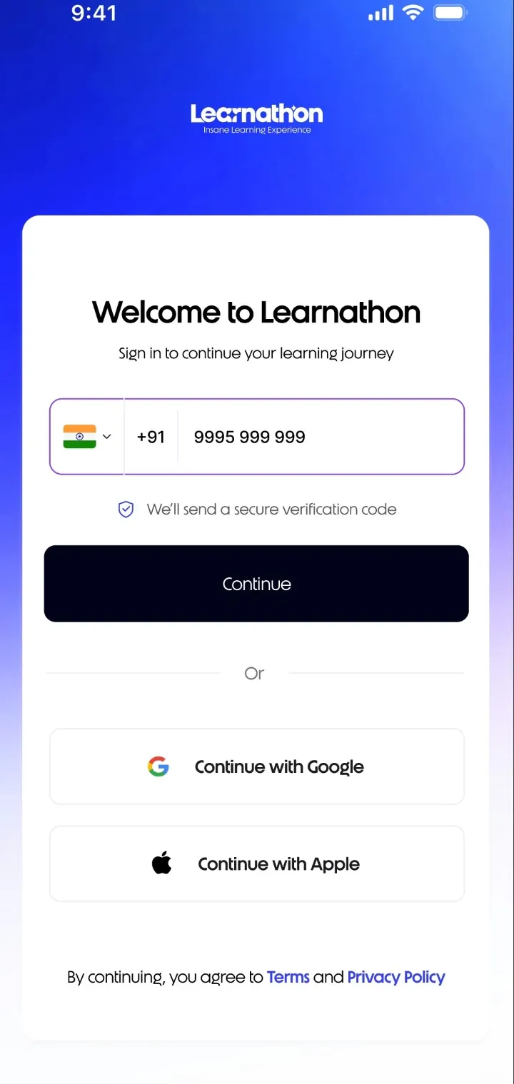 Learnathon app, welcome and login