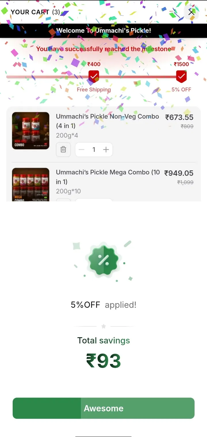Ummachi’s, 5% off celebration