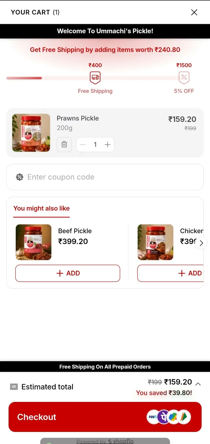 Ummachi’s, cart progress to free shipping