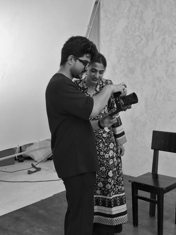 Reviewing shots at a studio shoot