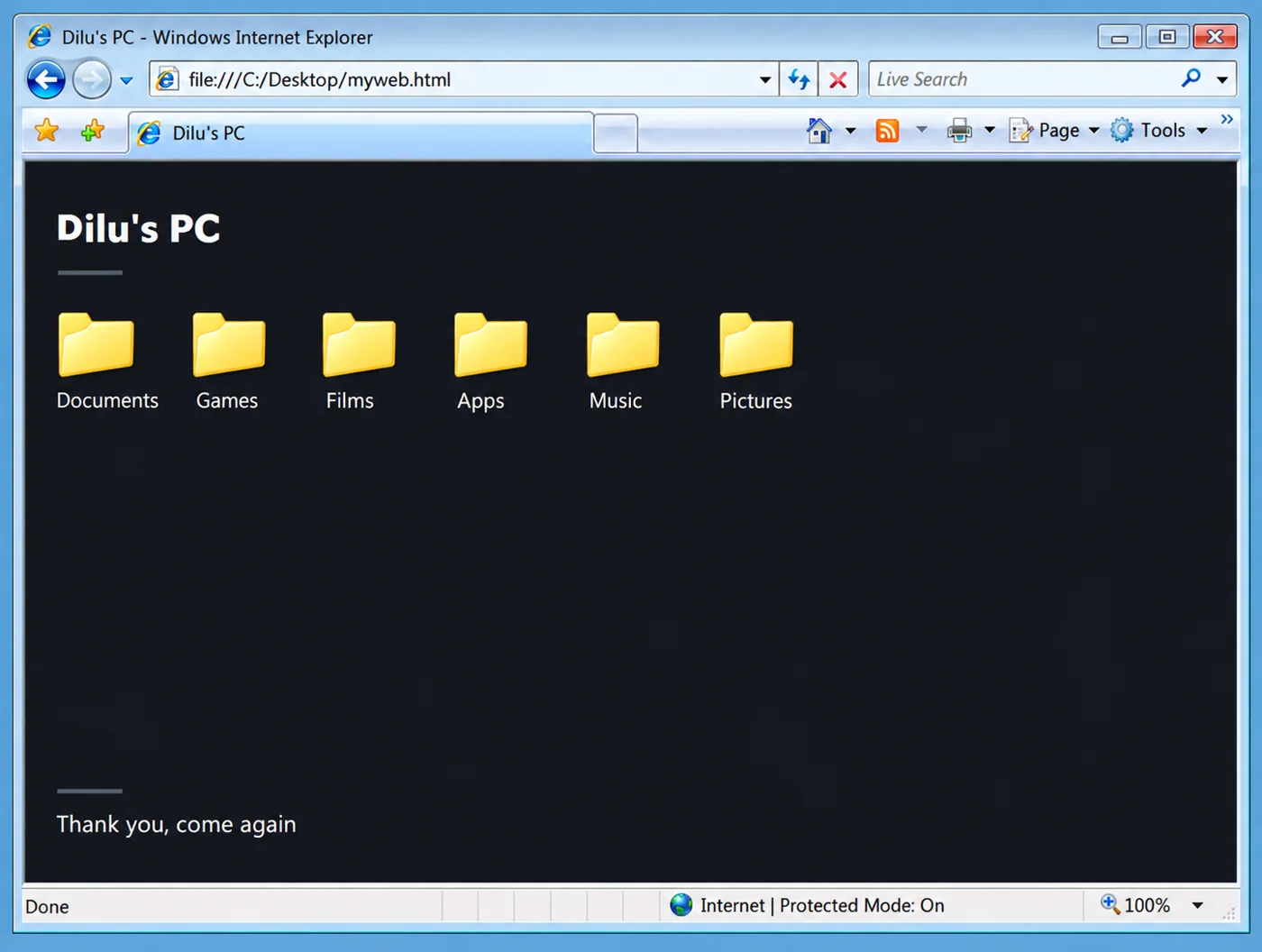 My first website: Dilu’s PC, a file explorer built in HTML and CSS, open in Internet Explorer