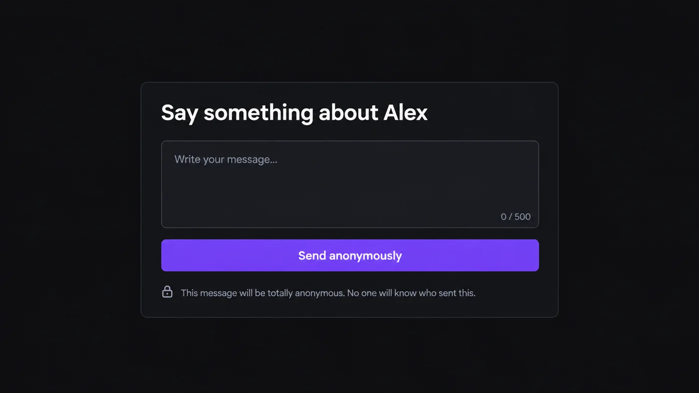 The anonymous messaging page: Say something about Alex, with a Send anonymously button