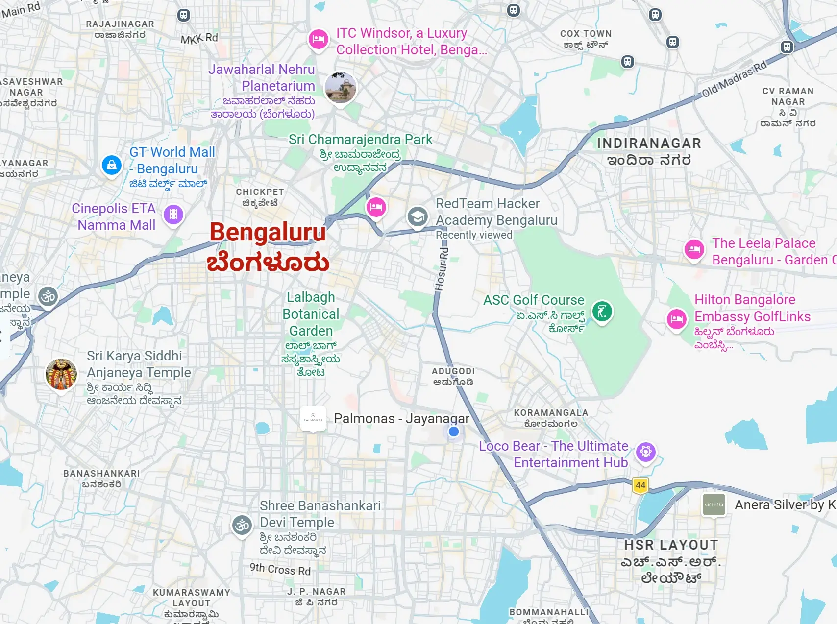 Map of Bengaluru, with my pin near Jayanagar and Koramangala
