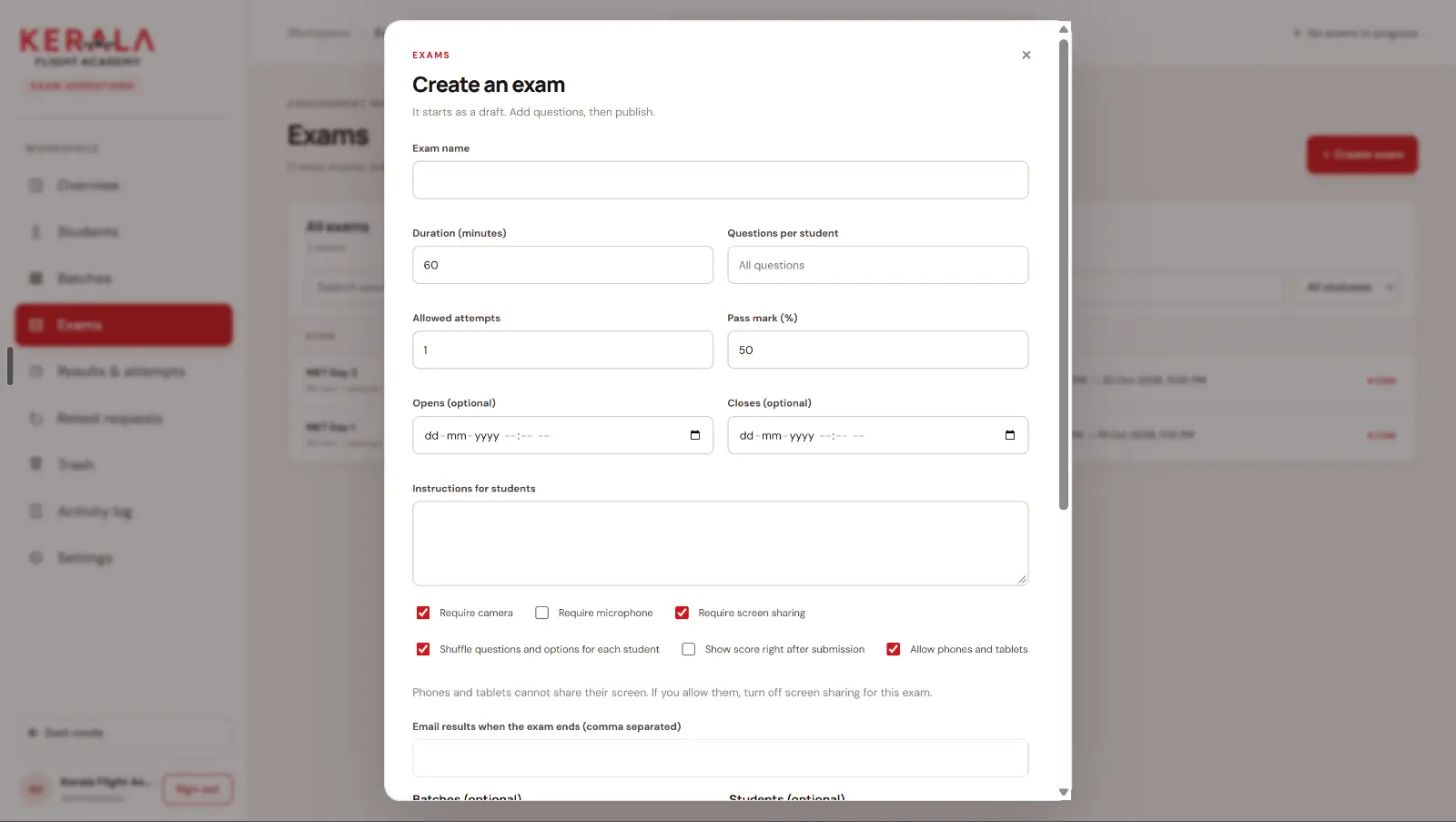 Creating an exam: timing, pass mark, schedule and proctoring rules are set per exam