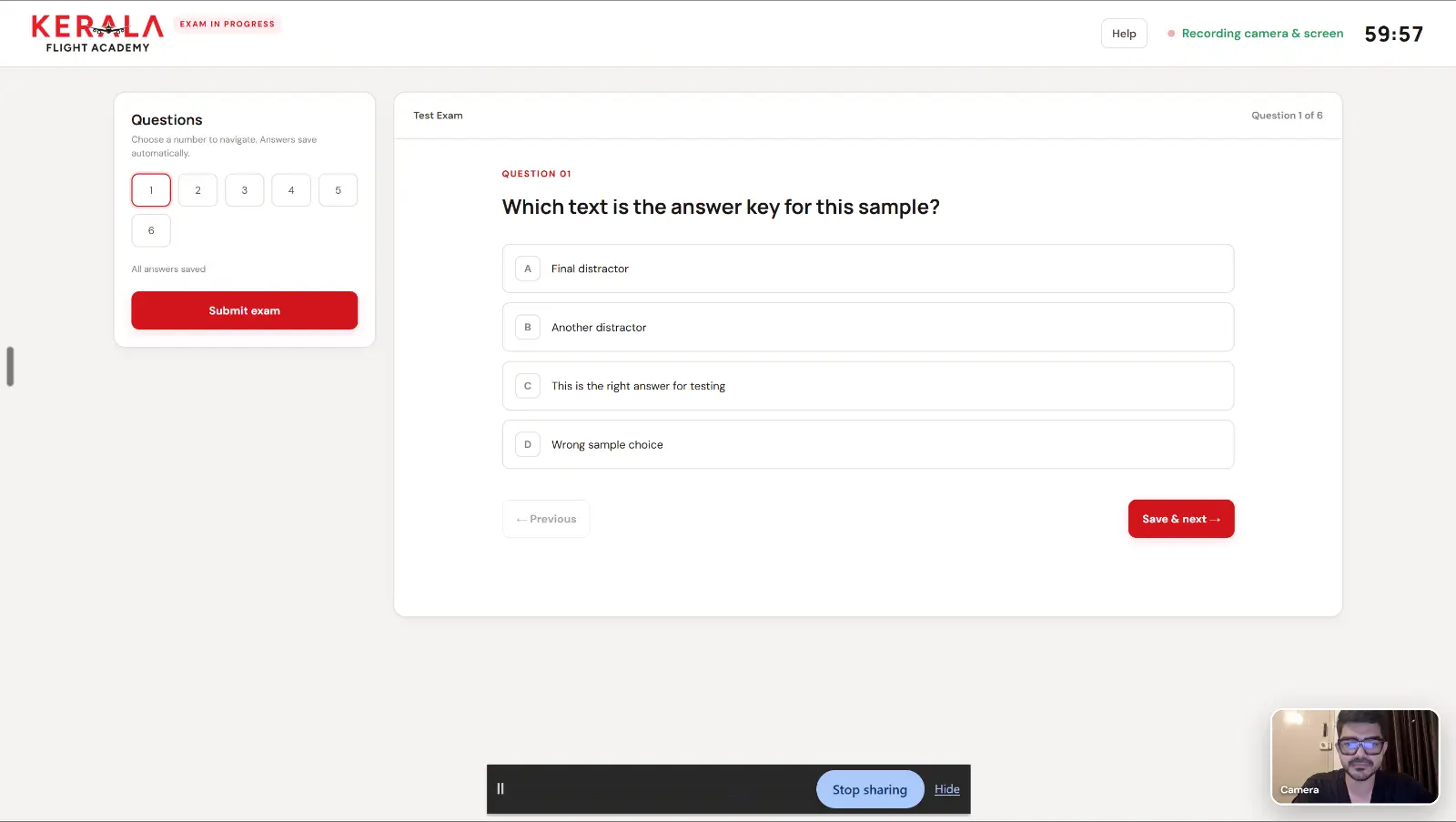 The exam screen: question navigator, autosave, timer and recording status