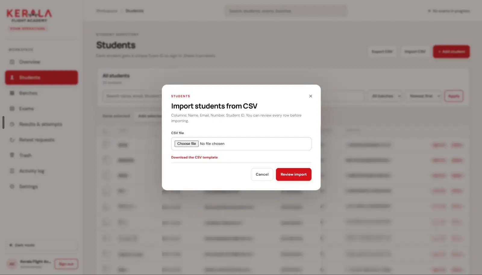 Bulk student import: every row is reviewed before it is added