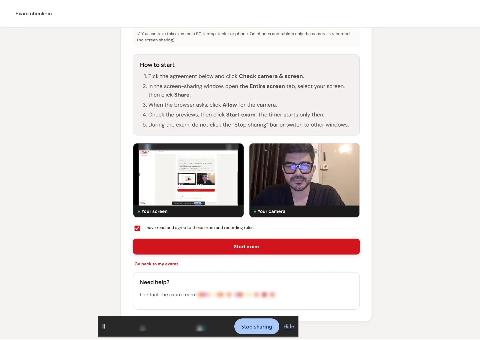 Check-in: the Start exam button unlocks only when the screen and camera are both live
