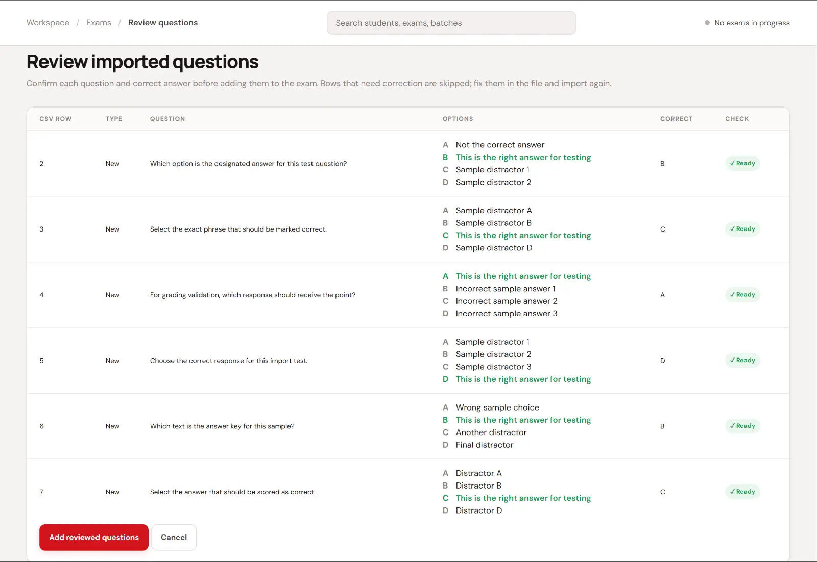 Bulk question import: each question and its correct answer is checked first