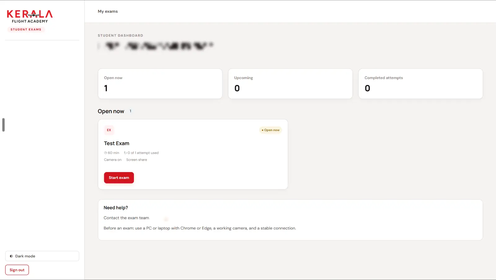 The student dashboard after signing in with an Exam ID