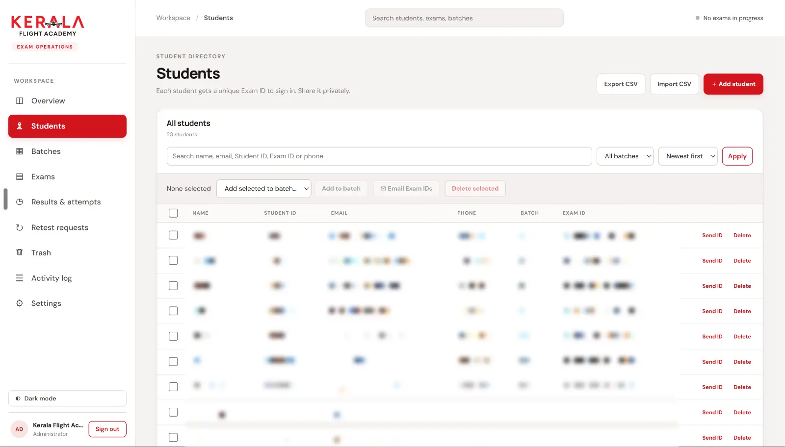 The student directory. Every student gets a unique Exam ID (personal data blurred)